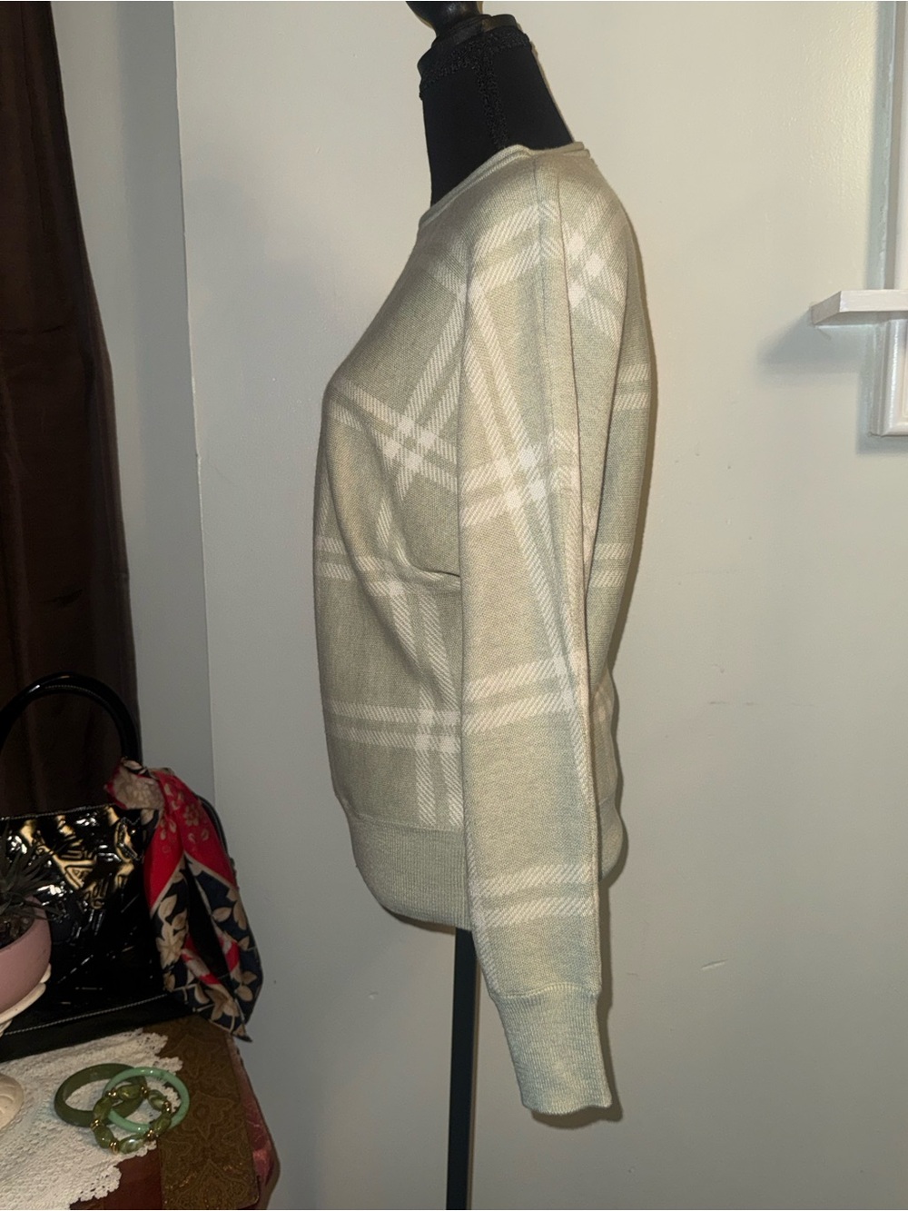Cynthia Rowley Sage and White Plaid Crewneck Sweater - Picture 4 of 8